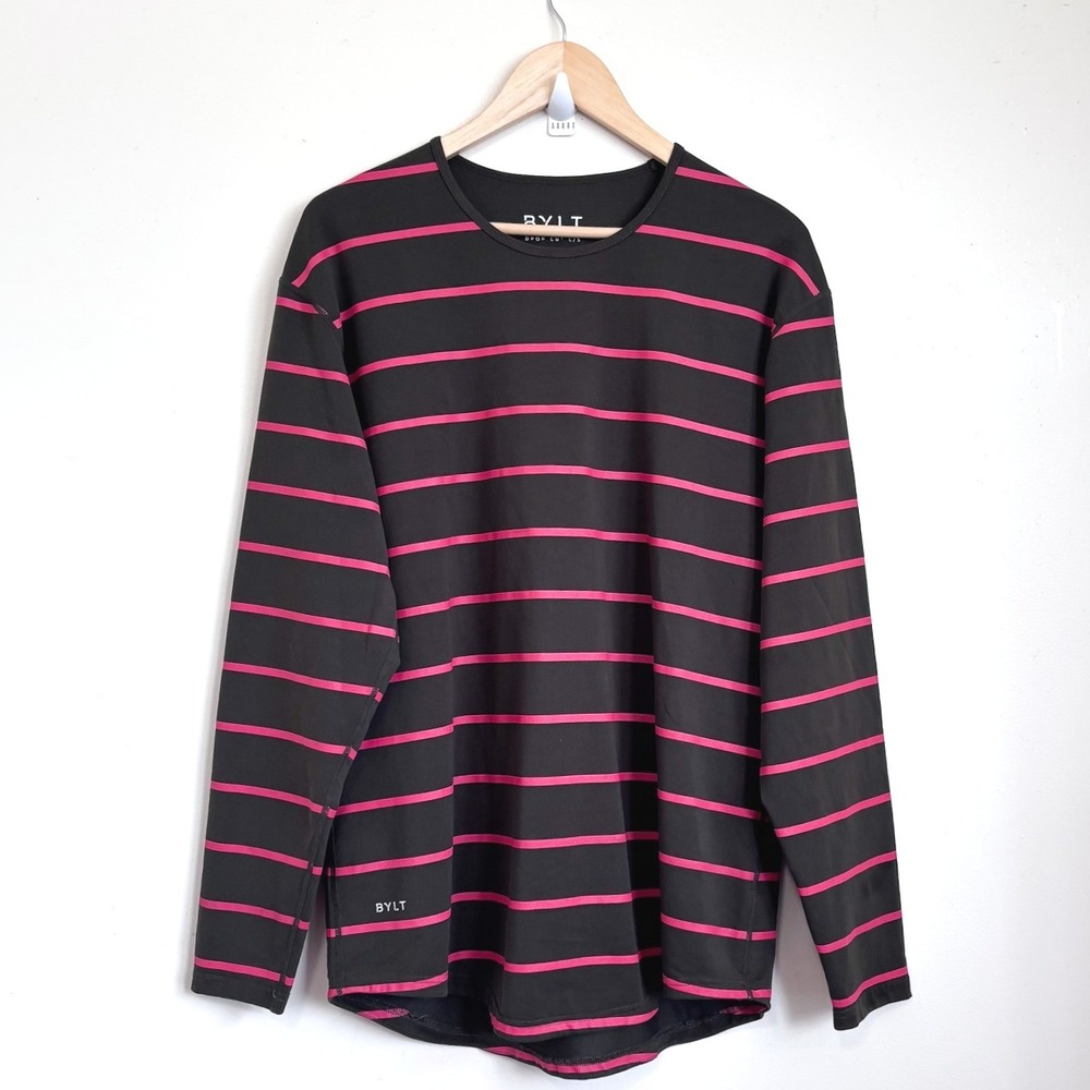 BYLT Mens Drop Cut Long Sleeve Shirt Large Olive Pink Striped Lux Activewear